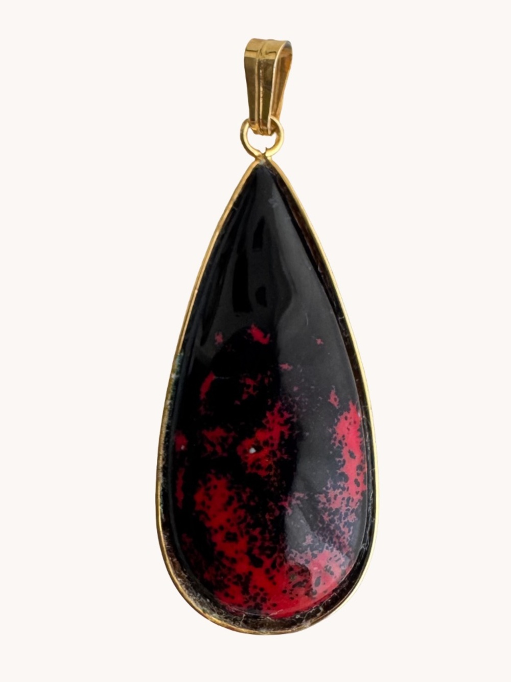 Vintage Cloisonne Teardrop Pendant Japanese Black Red Enamel Gold Tone Jewelry